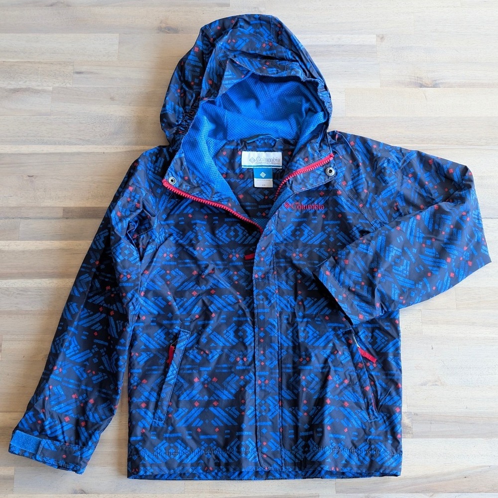 Columbia‎ Boys XS Blue Geometric Print Hooded Mesh Lined Windbreaker Jacket